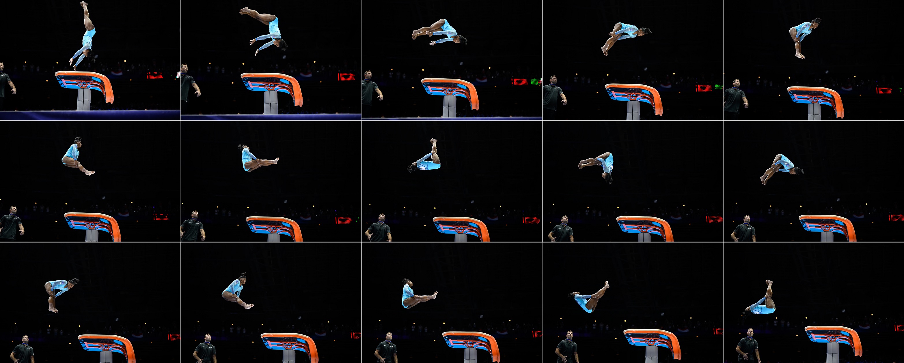 This composite shot shows American Simone Biles performing the Yurchenko double pike (now the ...