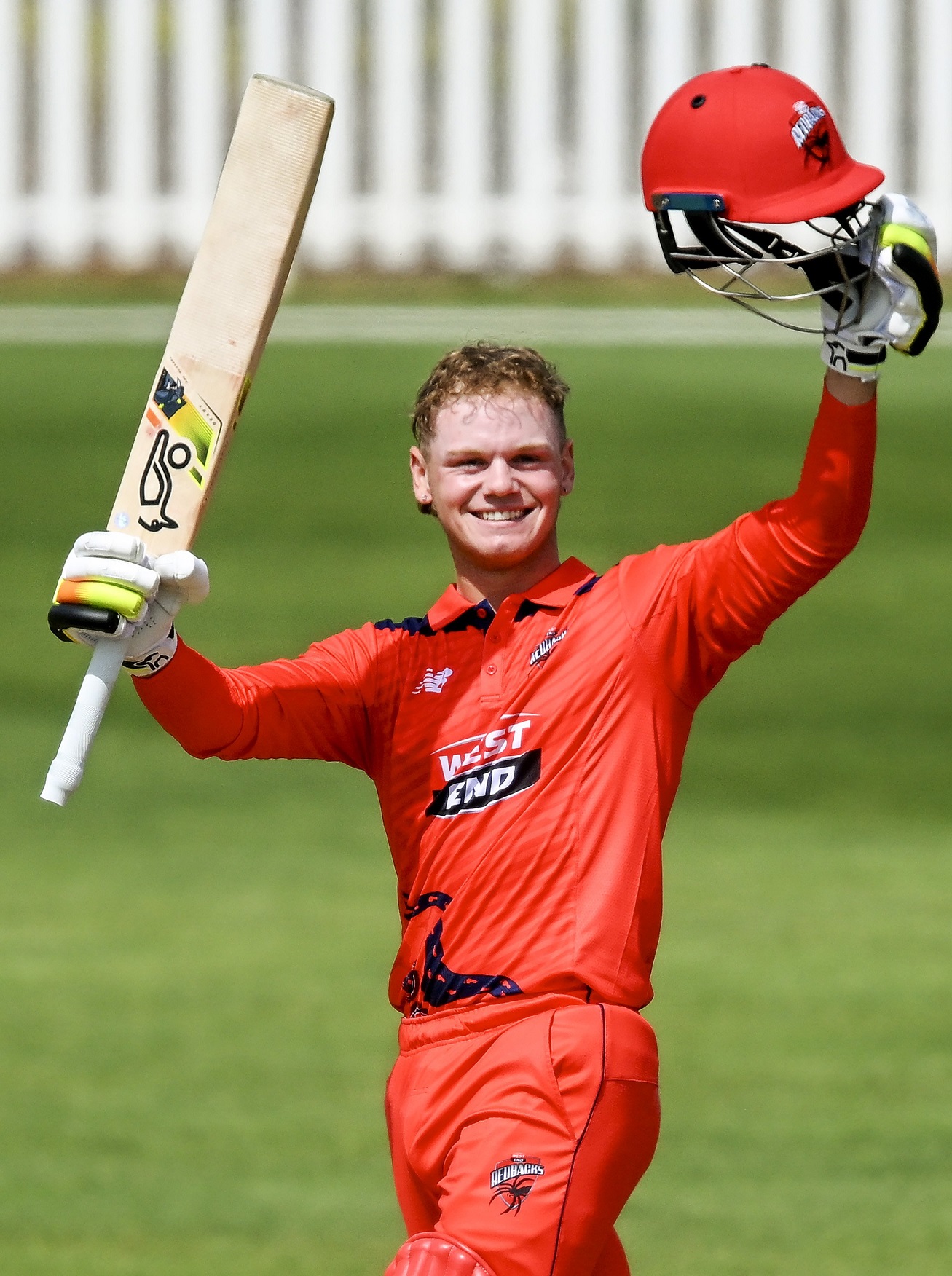 South Australia batter Jake Fraser-McGurk celebrates bringing up his 29-ball century against...