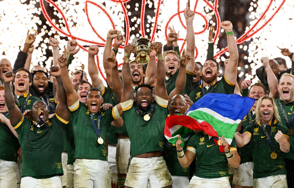 Springboks captain Siya Kolisi lifts The Webb Ellis Cup after South Africa won a record fourth...