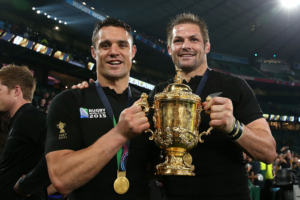 Richie McCaw and Dan Carter with the Webb Ellis Cup after victory in the 2015 Rugby World Cup...