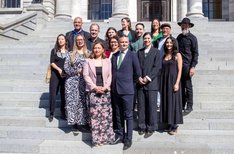 Greens co-leaders Marama Davidson and James Shaw (front), with their caucus (from left): Lan Pham...