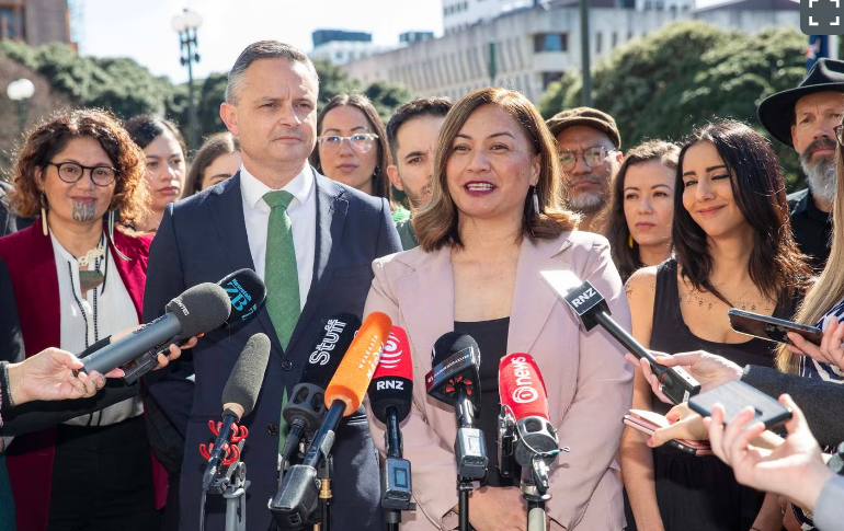 Green Party co-leaders James Shaw and Marama Davidson with their caucus. Photo: NZ Herald 
