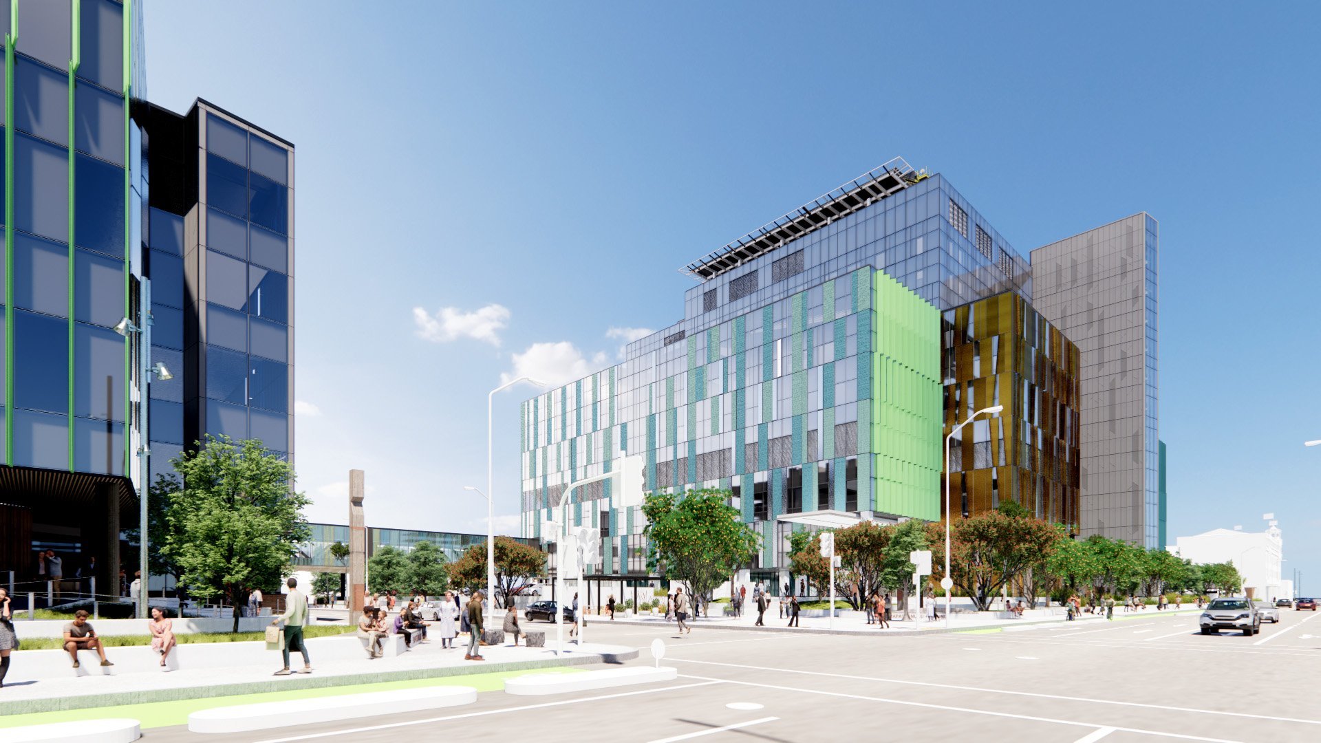 The envisioned streetscape near the new outpatient building (left) and inpatient building (right)...