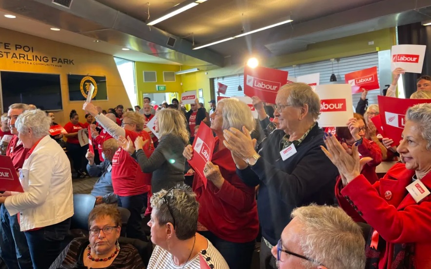 Labour supporters gather in West Auckland for the launch of the party’s manifesto. Photo: RNZ 