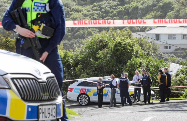 Police at the woman's Miramar home on Monday. Photo / Angus Dreaver, RNZ