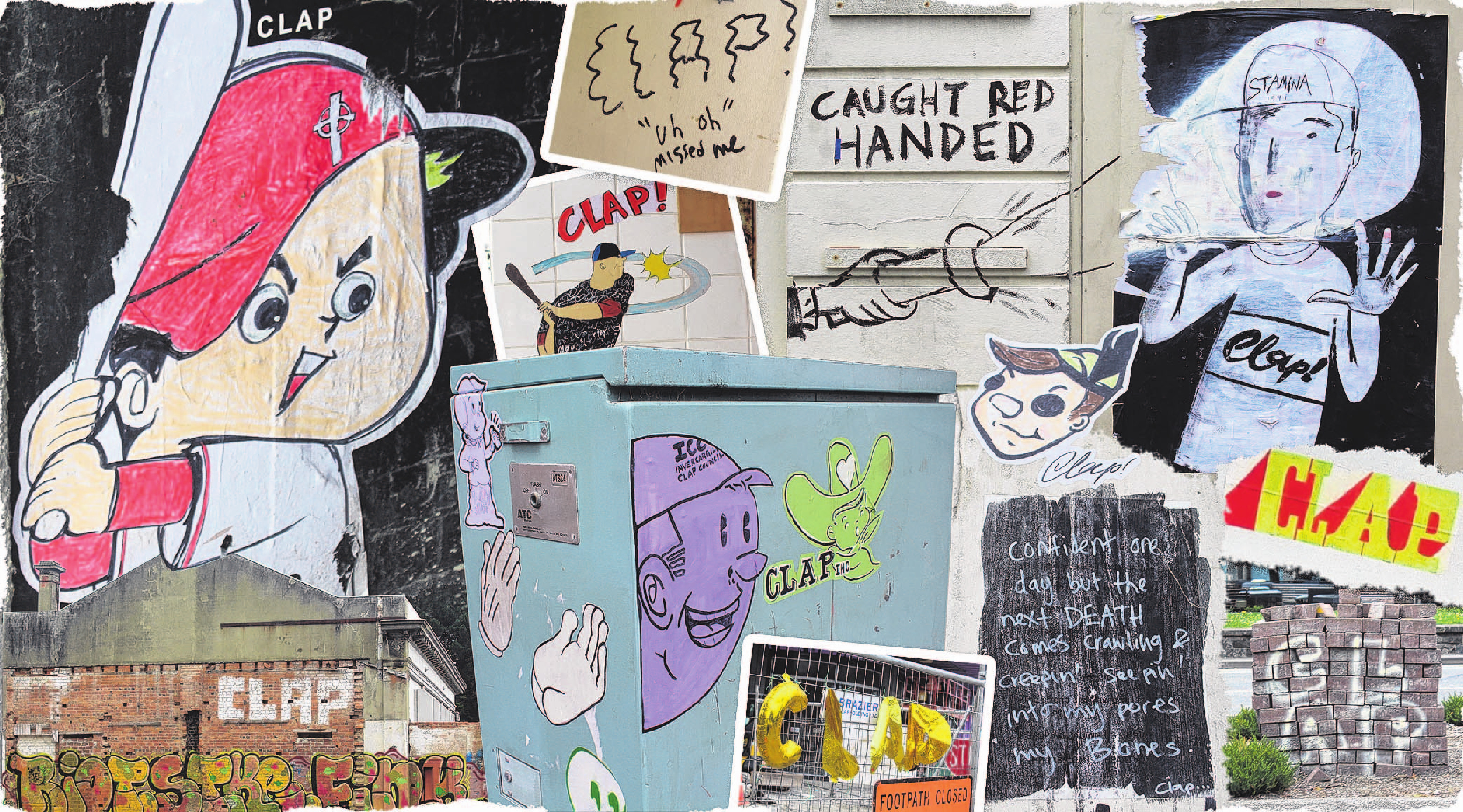 Graffiti ranging in complexity featuring the sign-off "Clap" in Invercargill. PHOTOS: BEN TOMSETT...