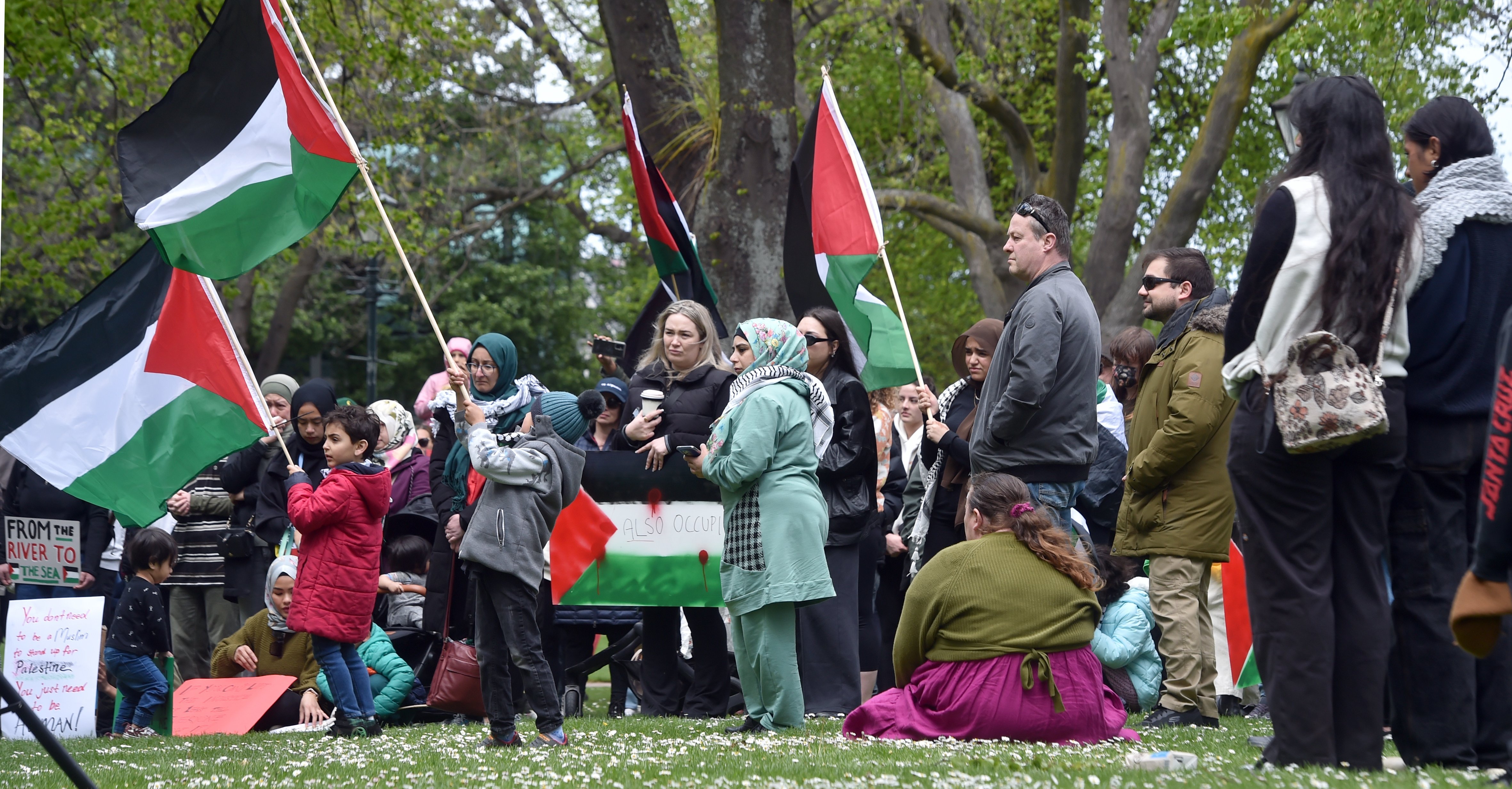 People wave the Palestinian flag at a rally for Palestine on the Otago Museum lawn on Saturday....