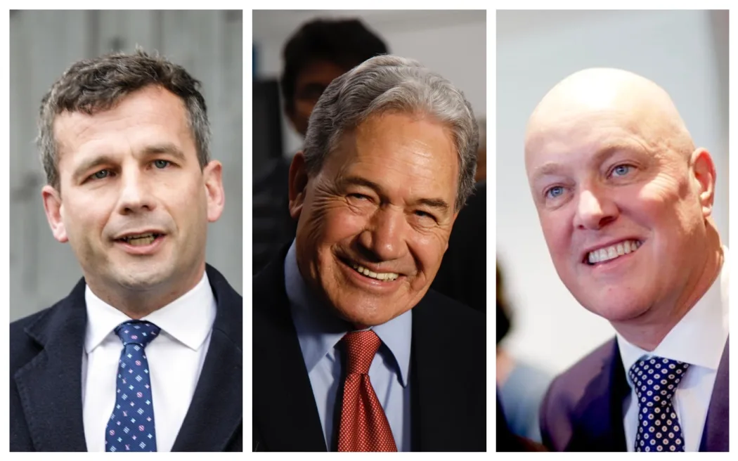 From left, David Seymour, Winston Peters and Christopher Luxon. Photo: RNZ
