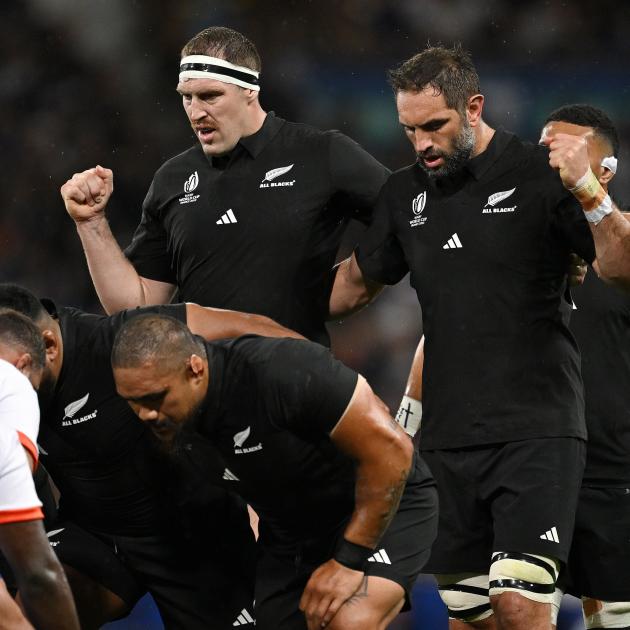 Brodie Retallick (left) and Sam Whitelock prepare for a scrum during the match against Namibia....