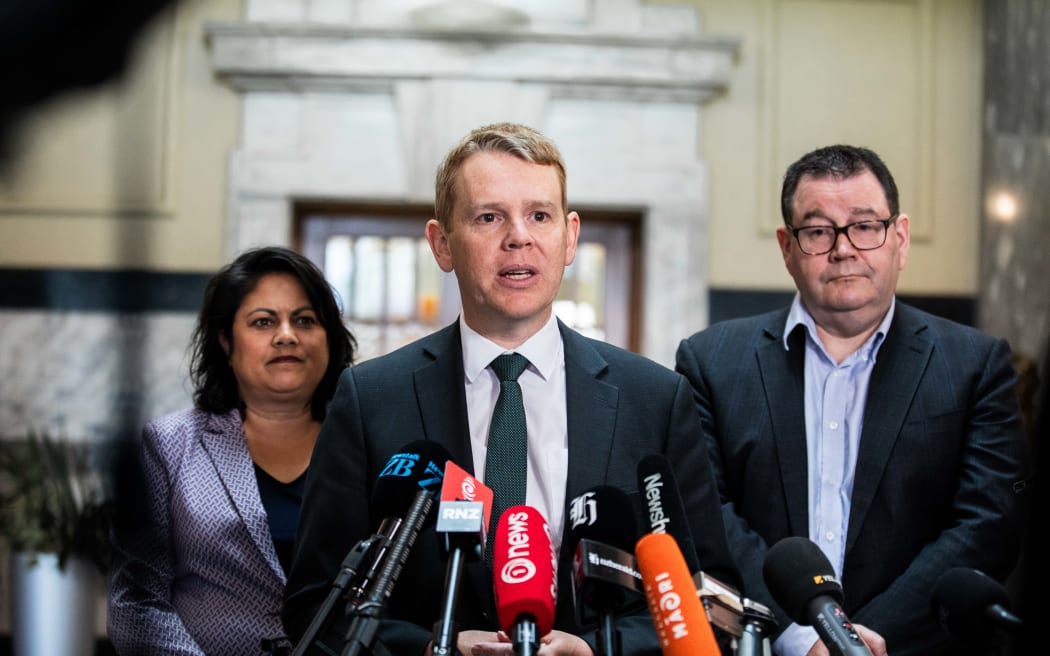 Labour leader Chris Hipkins with health spokesperson Ayesha Verrall and finance spokesperson...