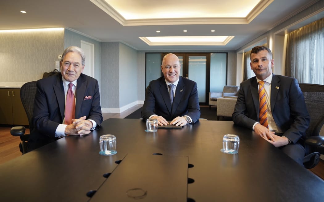 Party leaders (from left) Winston Peters, Christopher Luxon and David Seymour met together today...