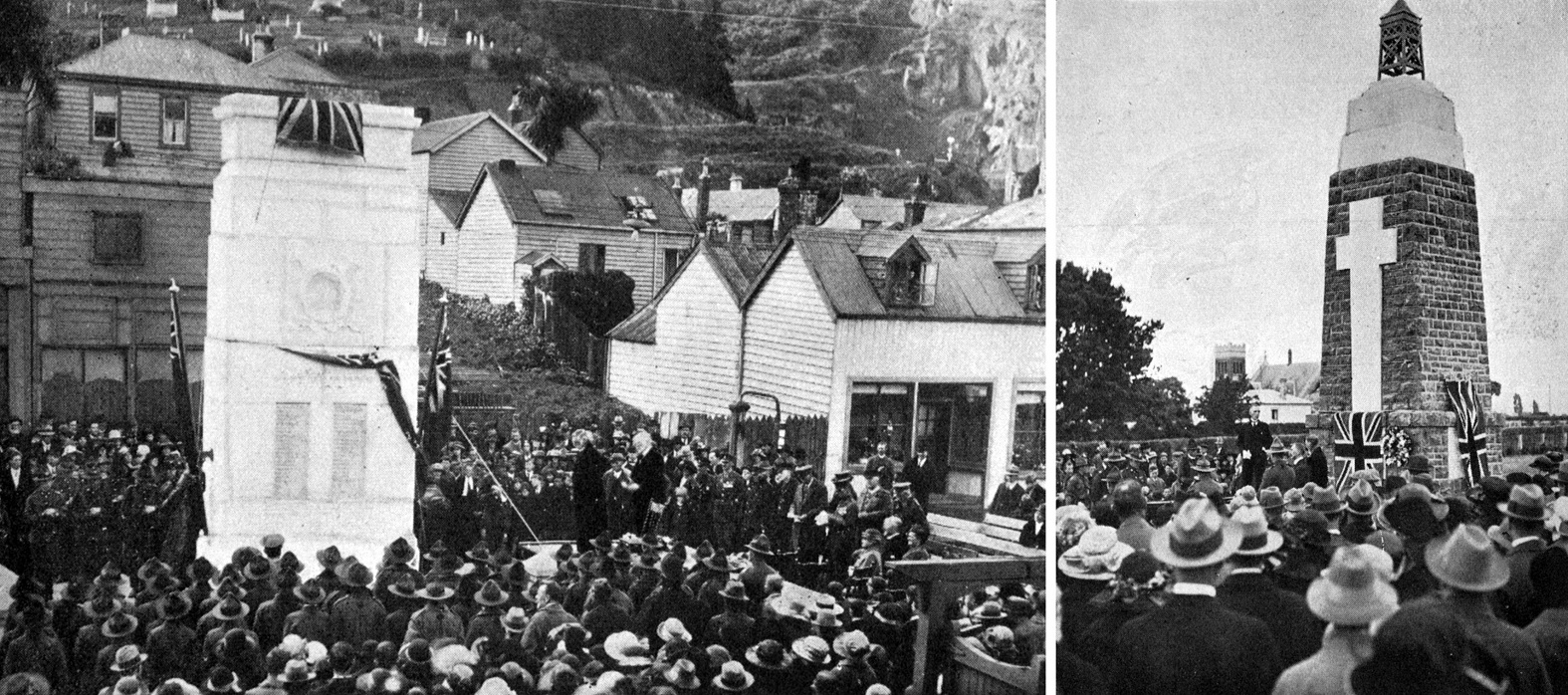Sir Thomas Mackenzie speaks at the unveiling of the Port Chalmers war memorial (left); meanwhile...