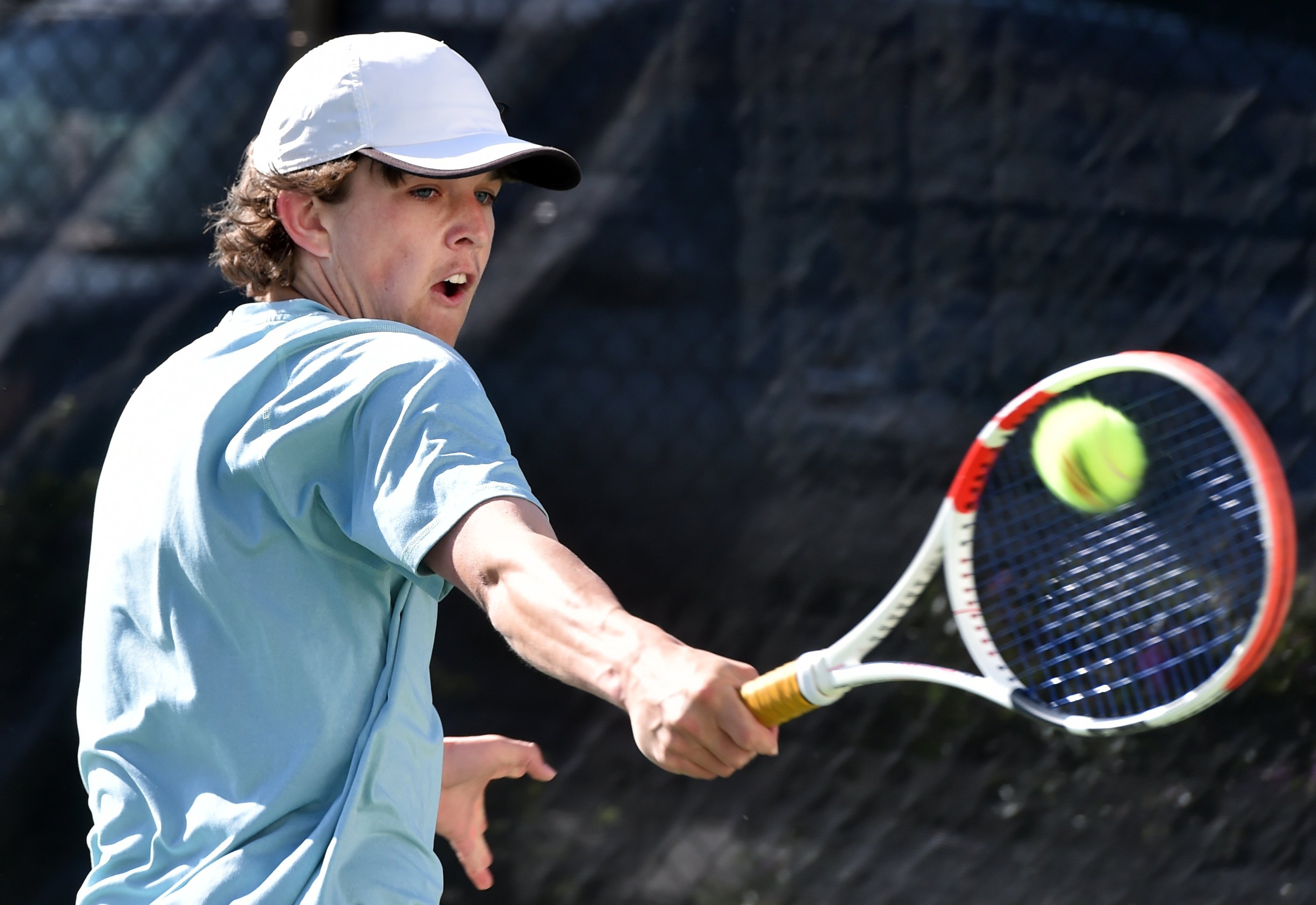 Otago’s Ben Smith plays a backhand against North Otago’s Ben Anderson in the Southern team event...