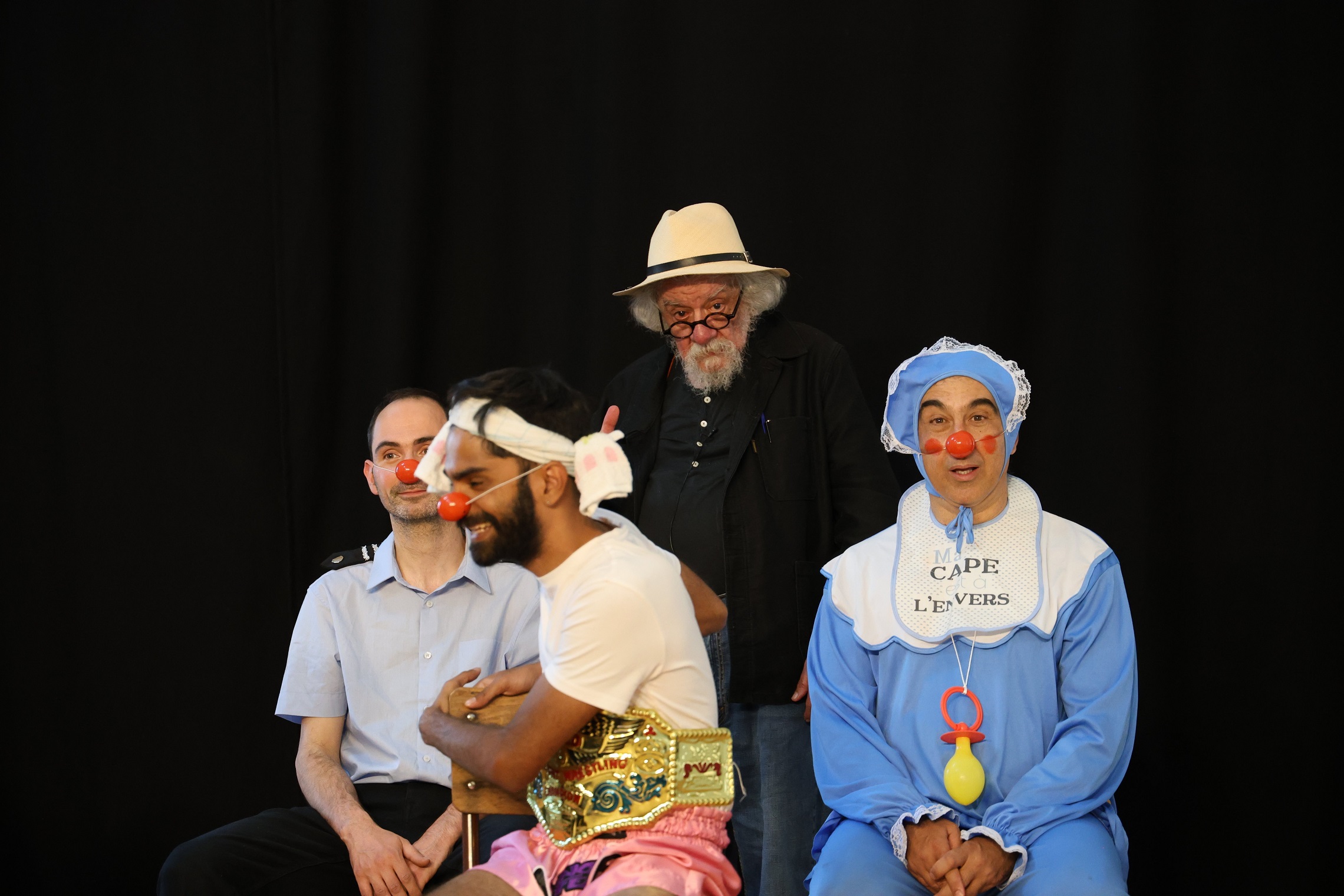 Blaise Barham (right) with Ecole Gaulier students and master clown Philippe Gaulier (centre)....