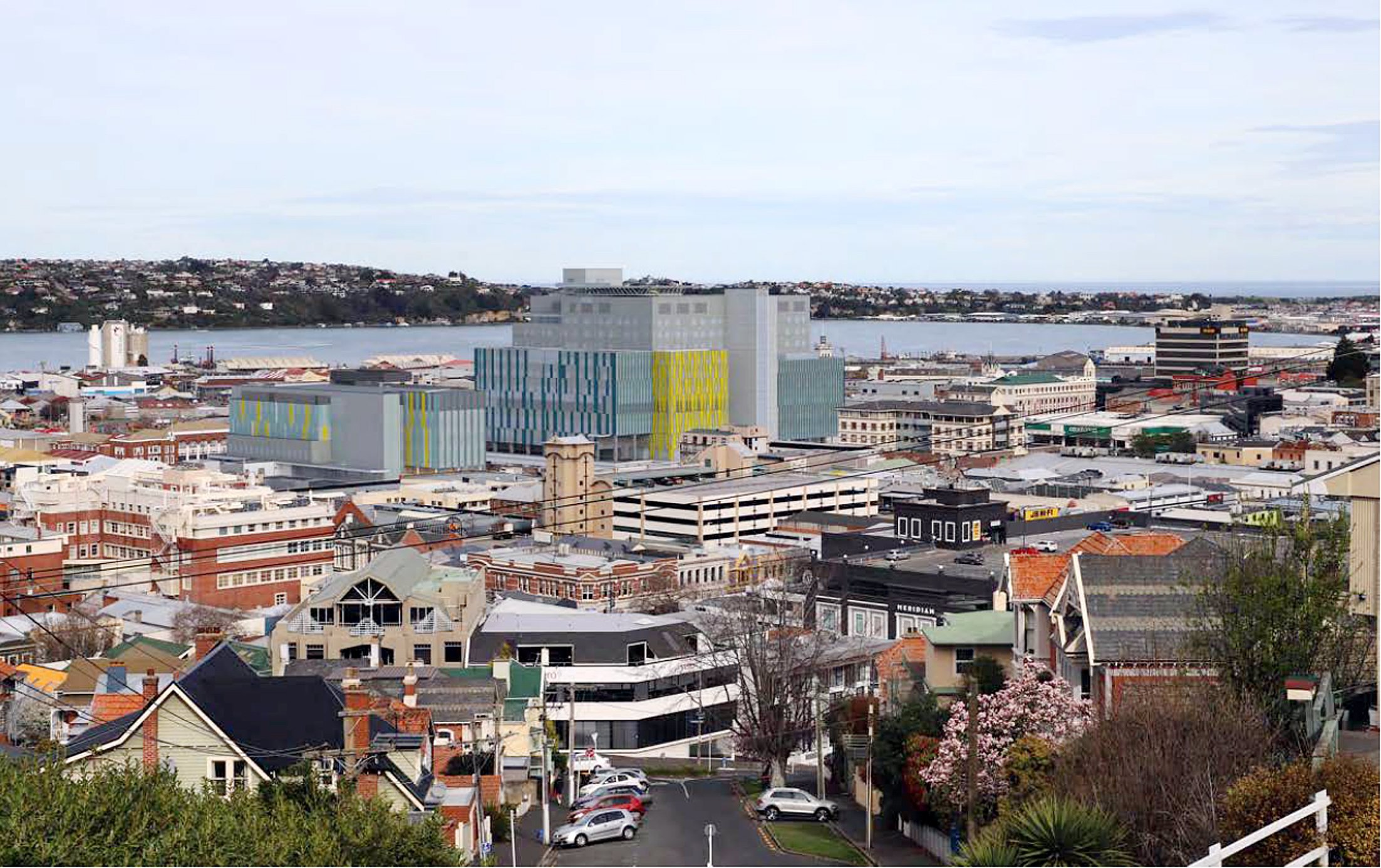 The new Dunedin hospital inpatient building dominates the skyline as seen from Constitution St in...