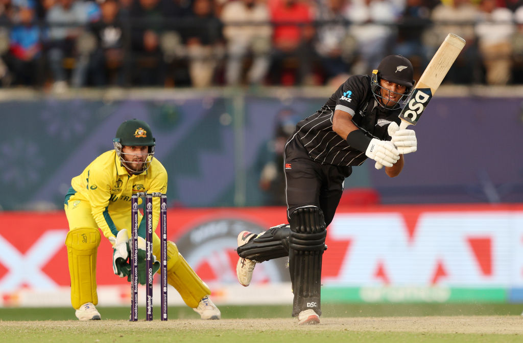 Black Cap Rachin Ravindra clips the ball into the legside during a Cricket World Cup match...