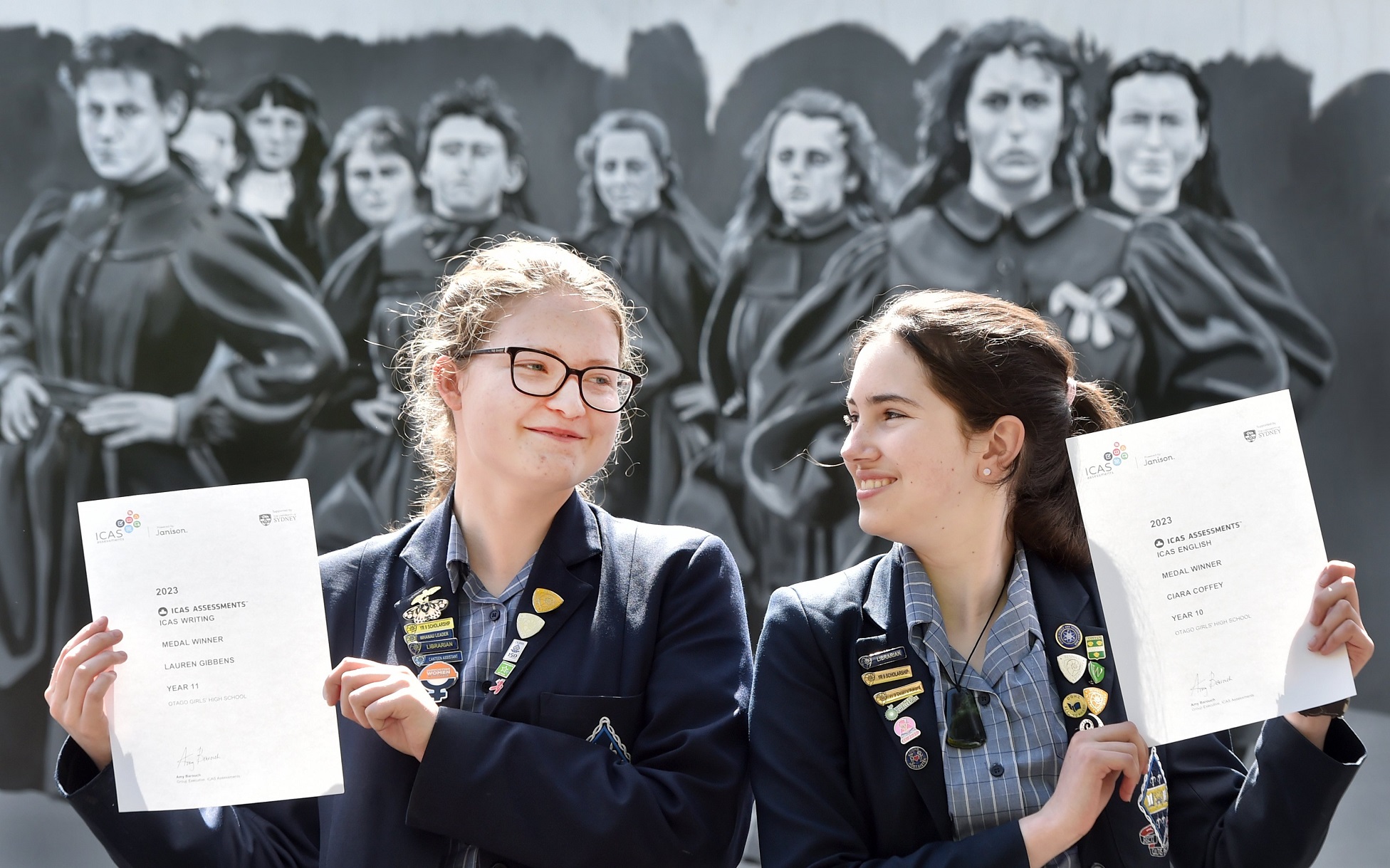 Otago Girls’ High School pupils Lauren Gibbens, 16 (left), and Ciara Coffey, 14, celebrate...