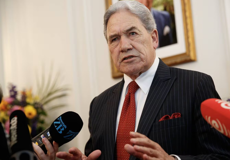 Deputy Prime Minister Winston Peters talking to journalists after the swearing-in ceremony at...