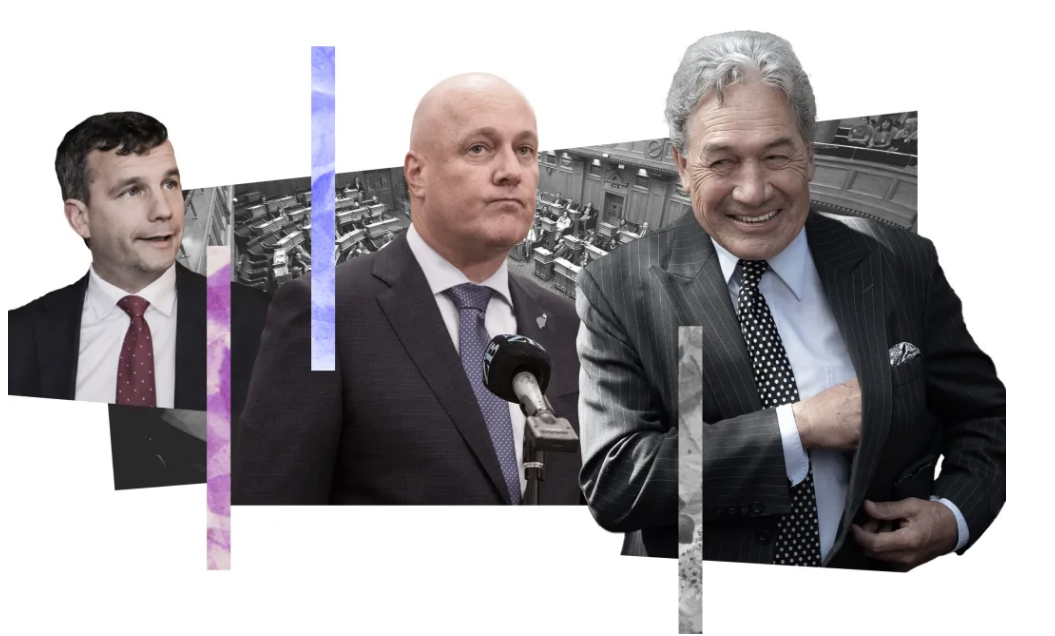 From left: Act leader David Seymour, Prime Minister-elect Christopher Luxon and NZ First leader...