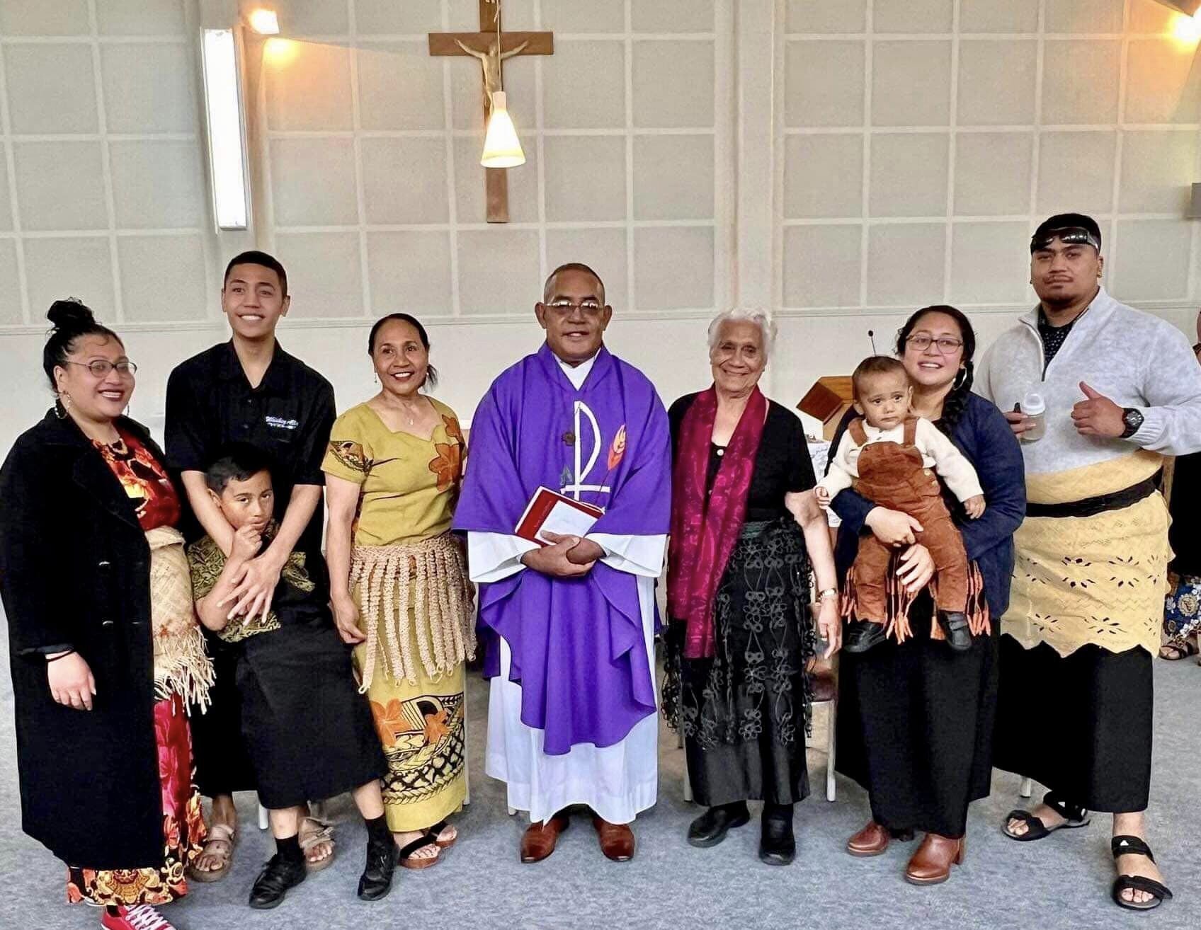 The Taungapeau family attend church with a visiting Tongam priest. From left, ‘Eulalia Taungapeau...