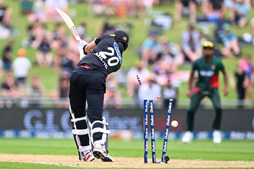 New Zealand's Adam Milne is bowled by Bangladesh's Soumya Sarkar. Photo Getty Images