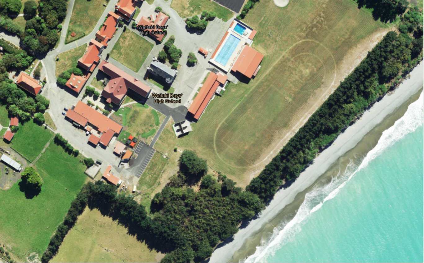 An aerial view from this year shows coastal erosion encroaching towards Waitaki Boys’ High School...