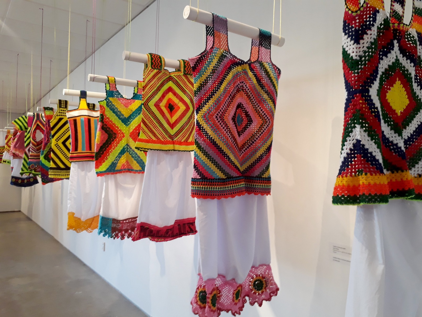 Gatu Kolose (crocheted tops and skirts) in Kolose the Art of Tuvlau Crochet, Pataka Art + Museum,...
