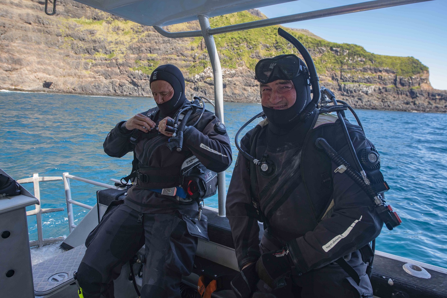 Wanaka divers Paul Sutherland (left) and Bill Day prepare to dive the "cavern of death" during...
