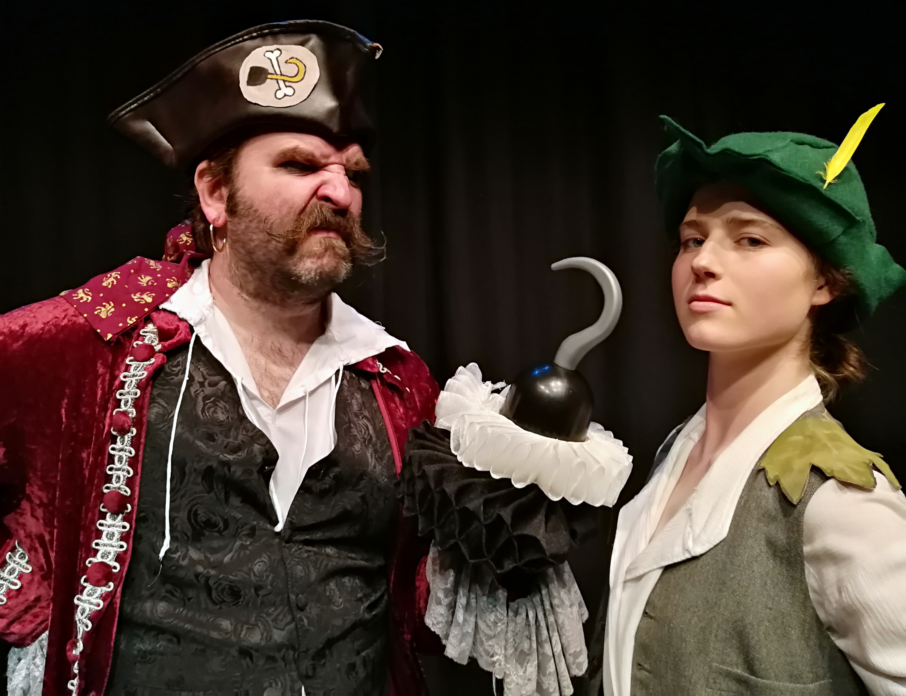 Comedic escapades ...  Peter Pan (Penelope  Hare) and Captain Hook (Calum  Beck) in the Globe...