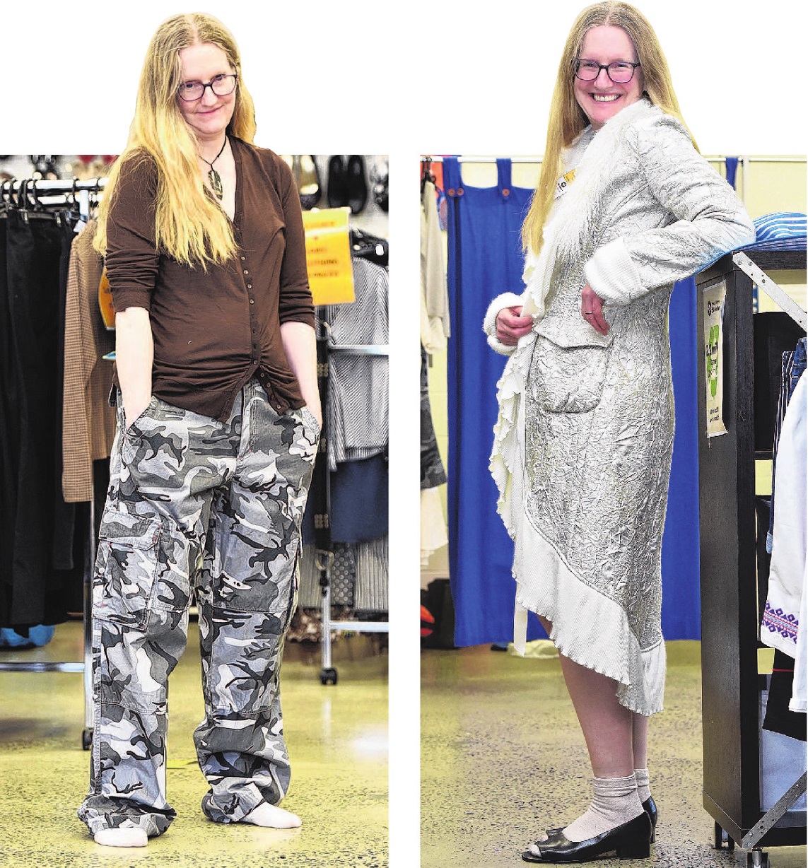 Reporter Mary Williams wears the "rockin’ reporter" outfit (left) that met her wish to look like...