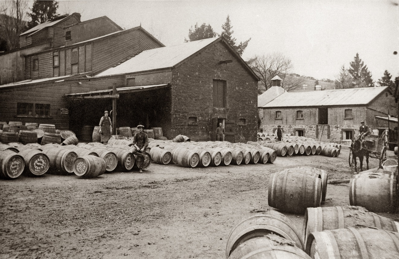 The yard of Black Horse Brewery yard, in Wetherstons, Central Otago, during the 1890s. This was...