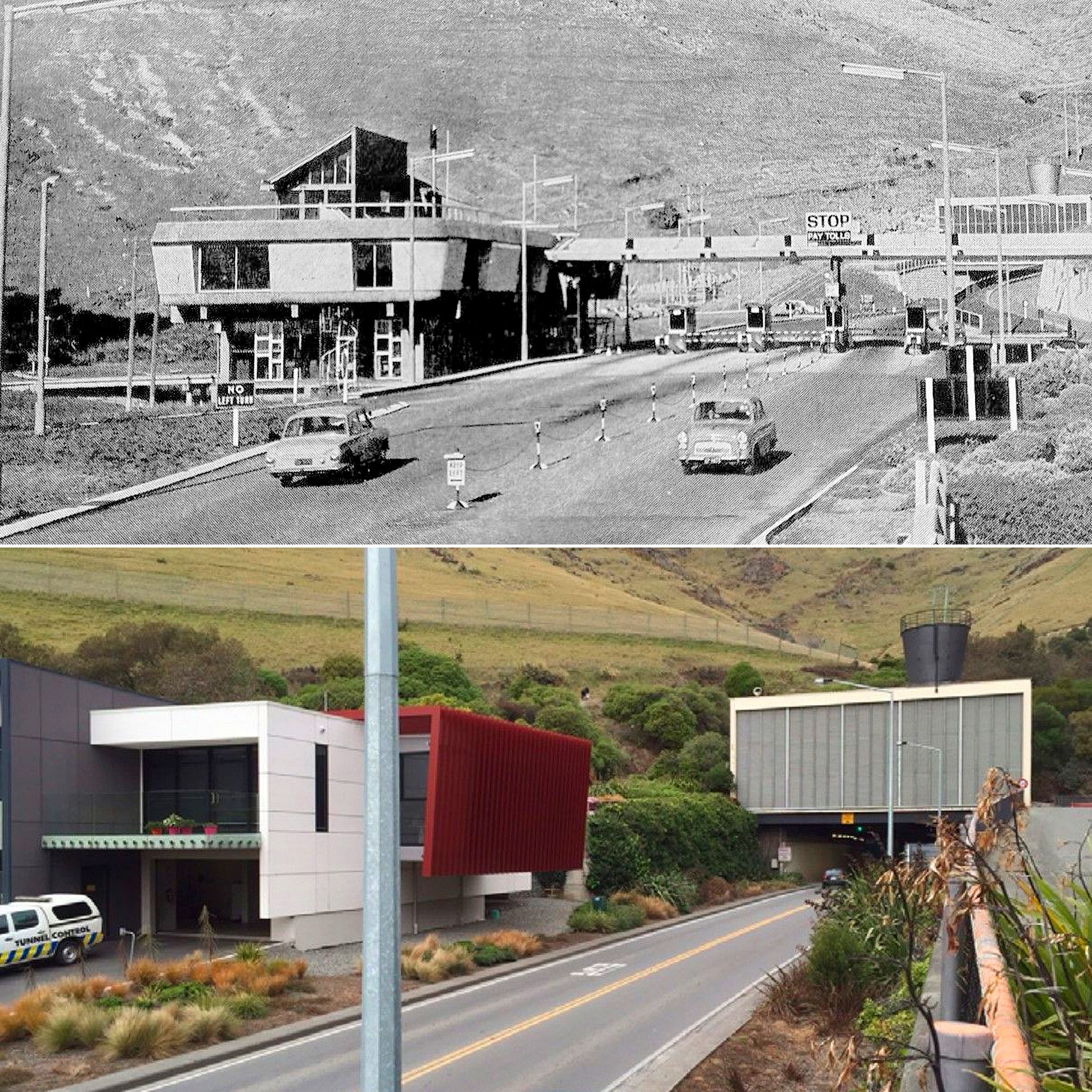 The Lyttelton Tunnel entrance after it first opened and the tunnel as it looks now. Photos: NZ...