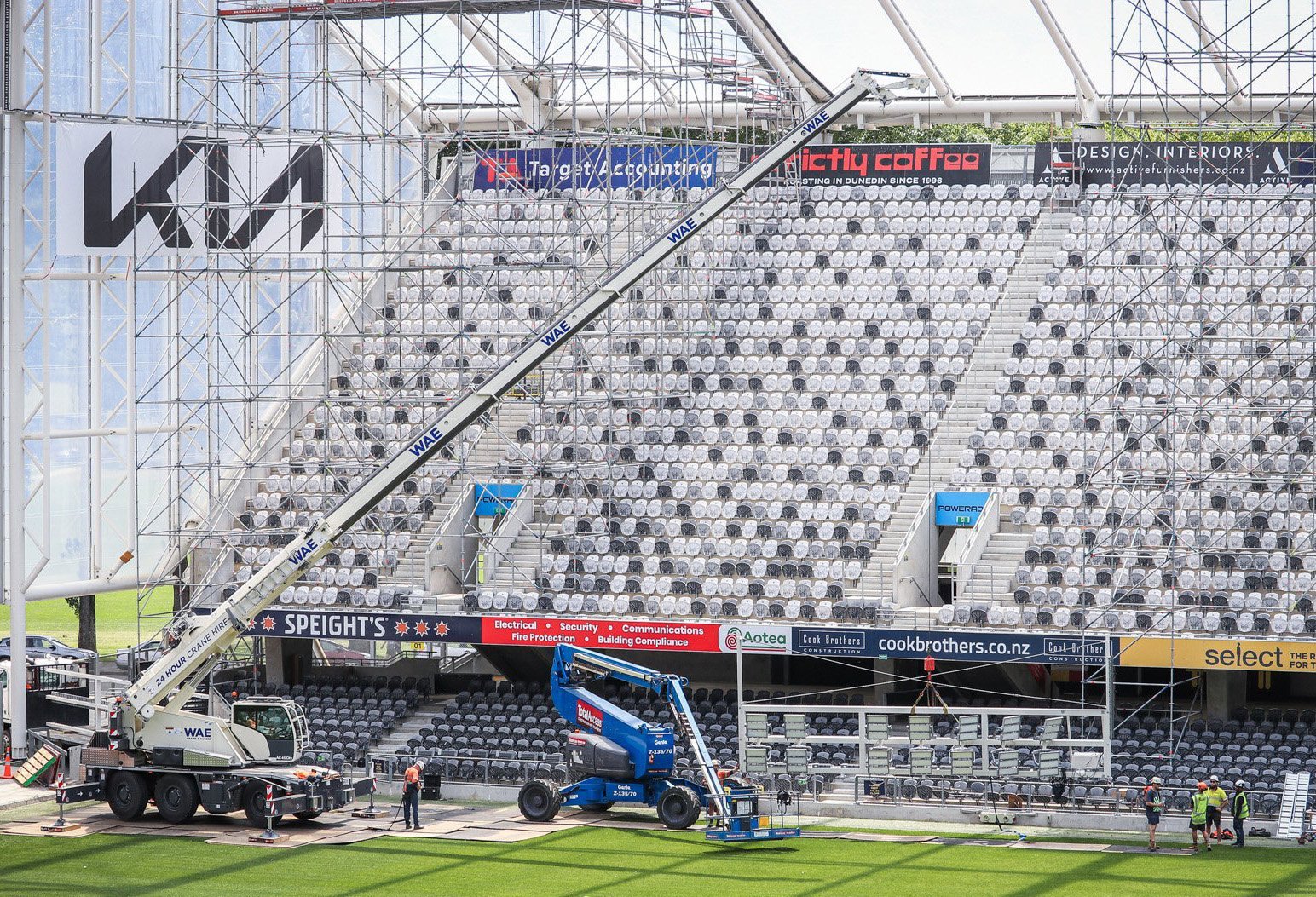 Lights getting replaced at Forsyth Barr Stadium. PHOTO: SUPPLIED