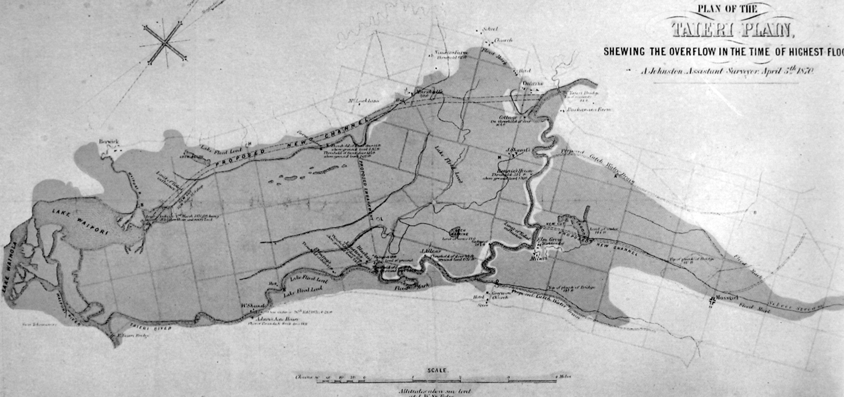 Map of Taieri Plain, showing (shaded) areas that were inundated in the 1870 flood. — Otago...