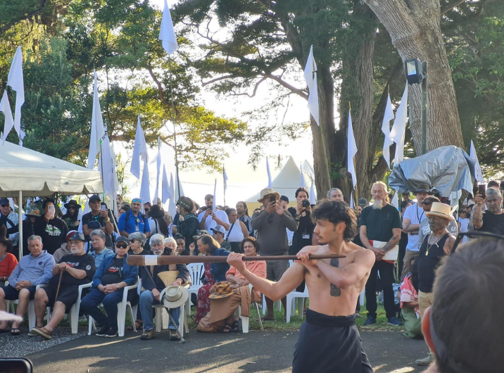 Te Rangimoaho Iti led a wero (challenge) at Waitangi today. credit: RNZ
