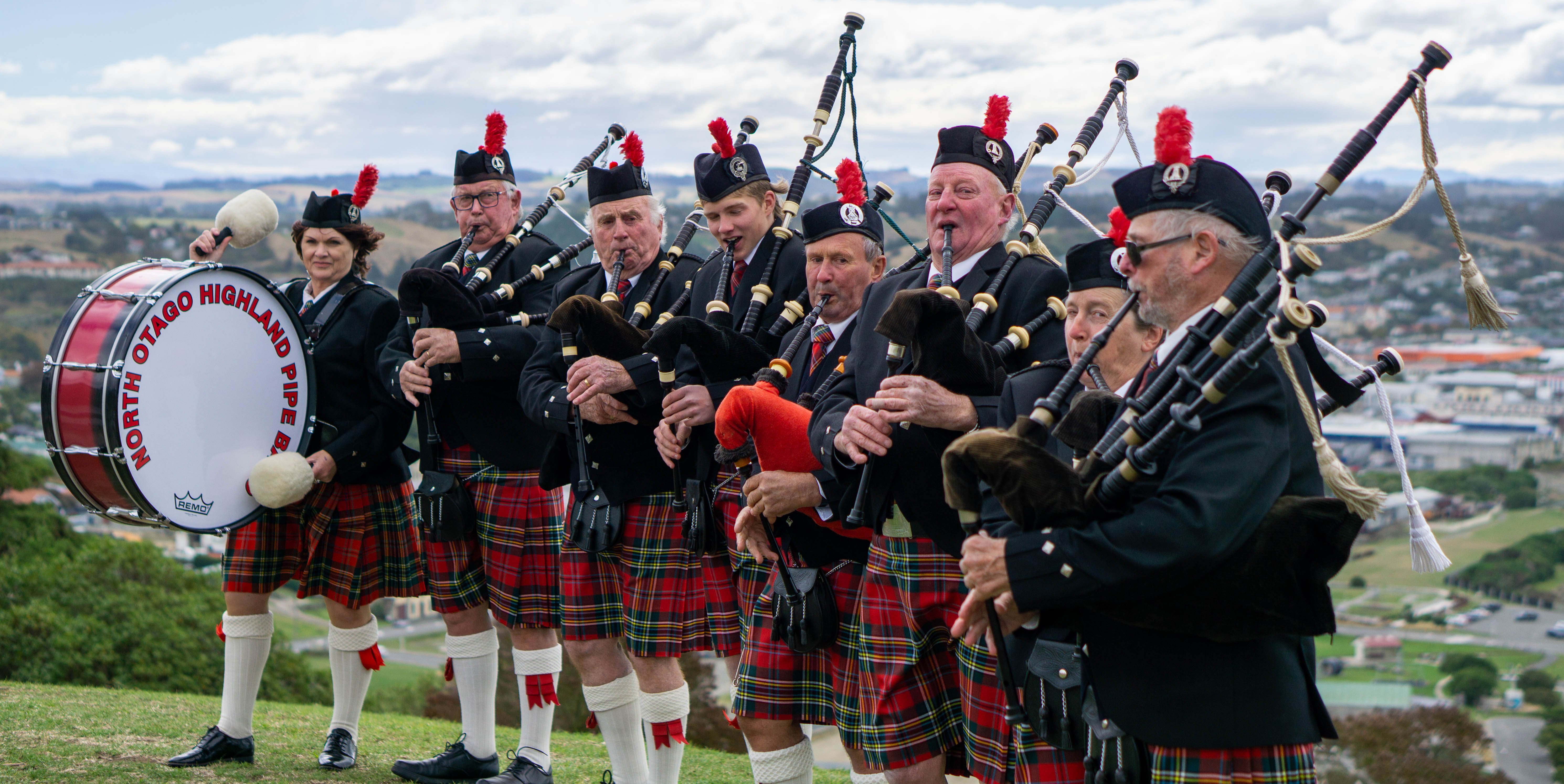 Playing atop Lookout Point are North Otago Highland Pipe Band members (from left): Priscilla...