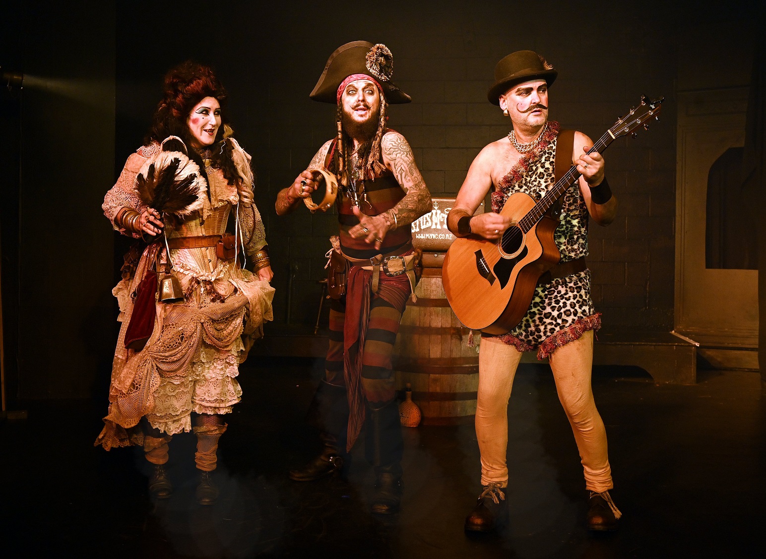 Performers (from left) Larissa Lofley as Miss Lucy Drawers, Rich Manic as Captain Festus McBoyle,...
