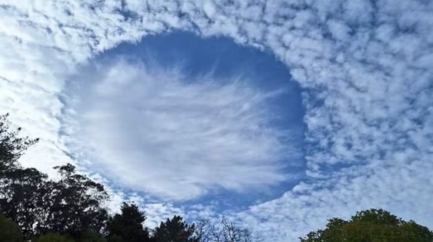 A cloud formation known as a fallstreak hole, or hole-punch cloud captured over Kaiwaka. Photo:...