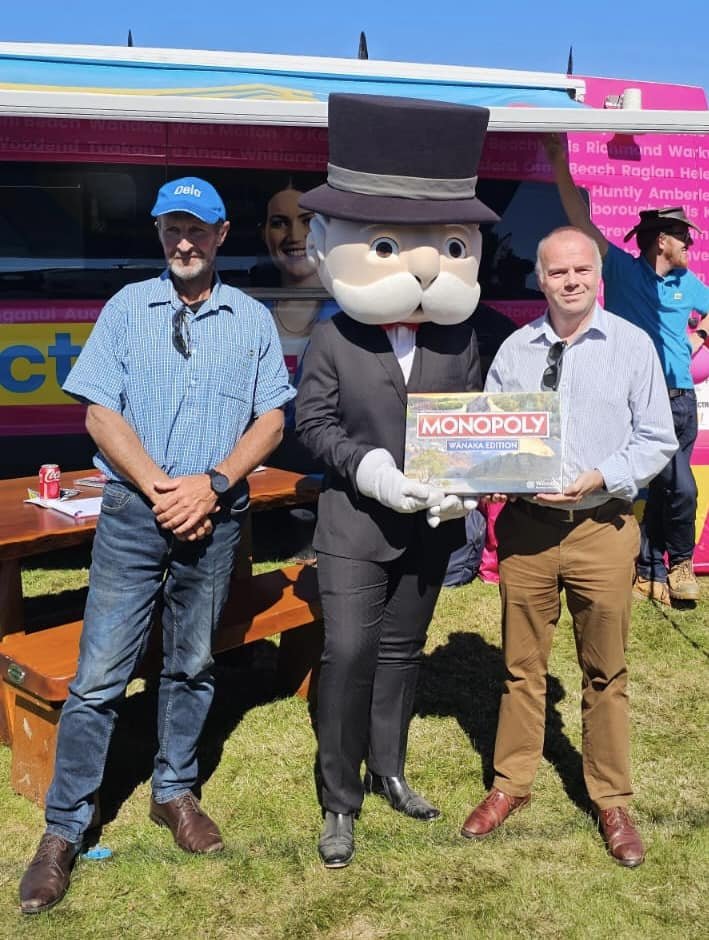 Act New Zealand MPs Mark Cameron and local representative Todd Stephenson with Mr Monopoly at the...