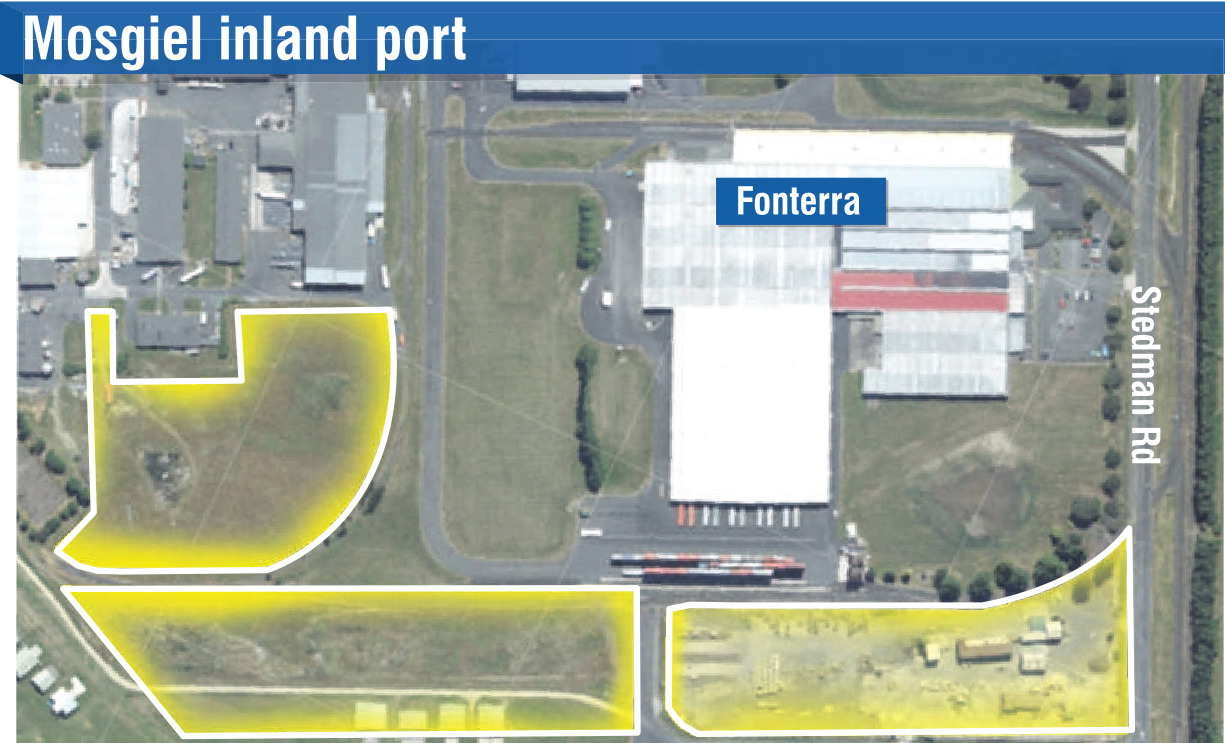 A map of Port Otago Ltd’s proposed inland depot layout. The yellow areas indicate land acquired...