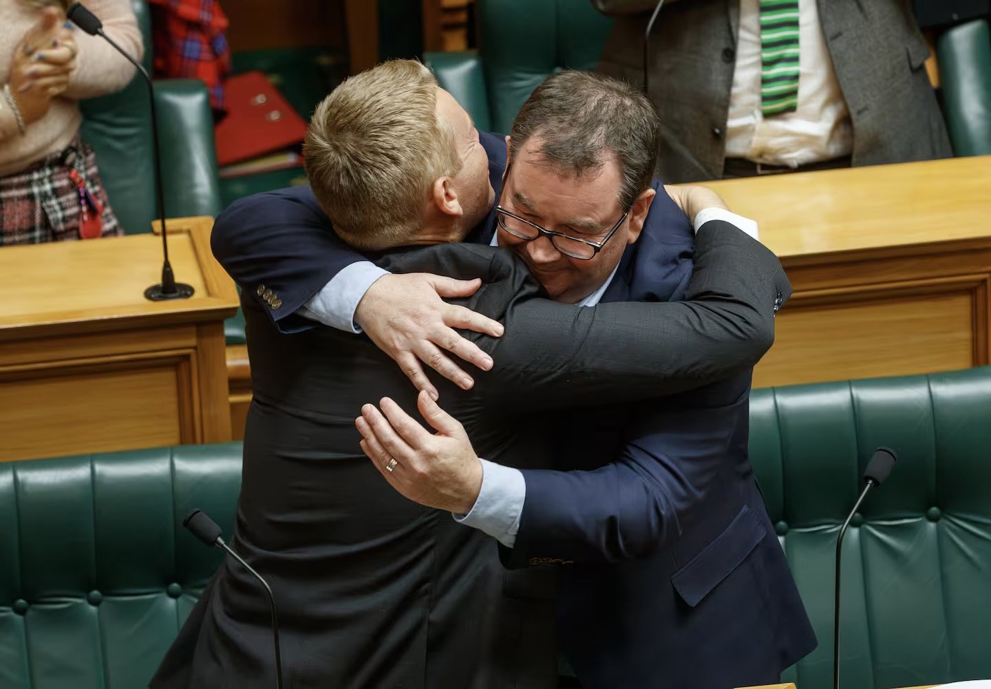 Grant Robertson hugs Labour leader and friend Chris Hipkins after his valedictory speech in...