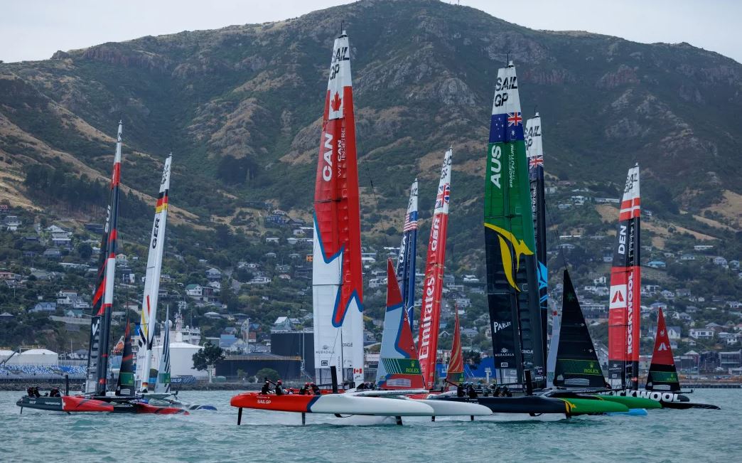 The SailGP F50 catamaran fleet is pictured on Lyttelton Harbour on Friday, March 22, 2024. Photo:...