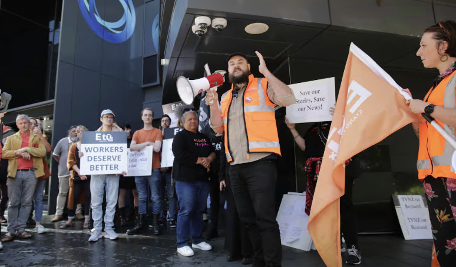 TVNZ staffers outside the broadcaster's headquarters in Auckland. Photo: NZ Herald 