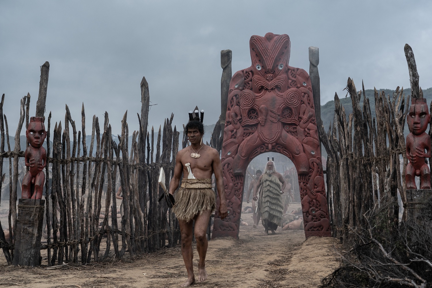 Maianui (Antonio Te Maioha) strides from his pā, followed by Aorangi (Tomika Whiu). Photo: Kirsty...