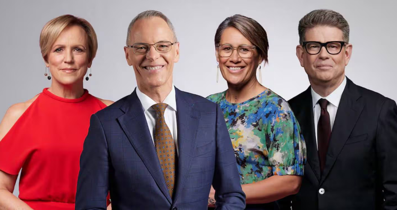 From left: Hilary Barry, Simon Dallow, Jenny May Coffin and John Campbell. Photo: TVNZ
