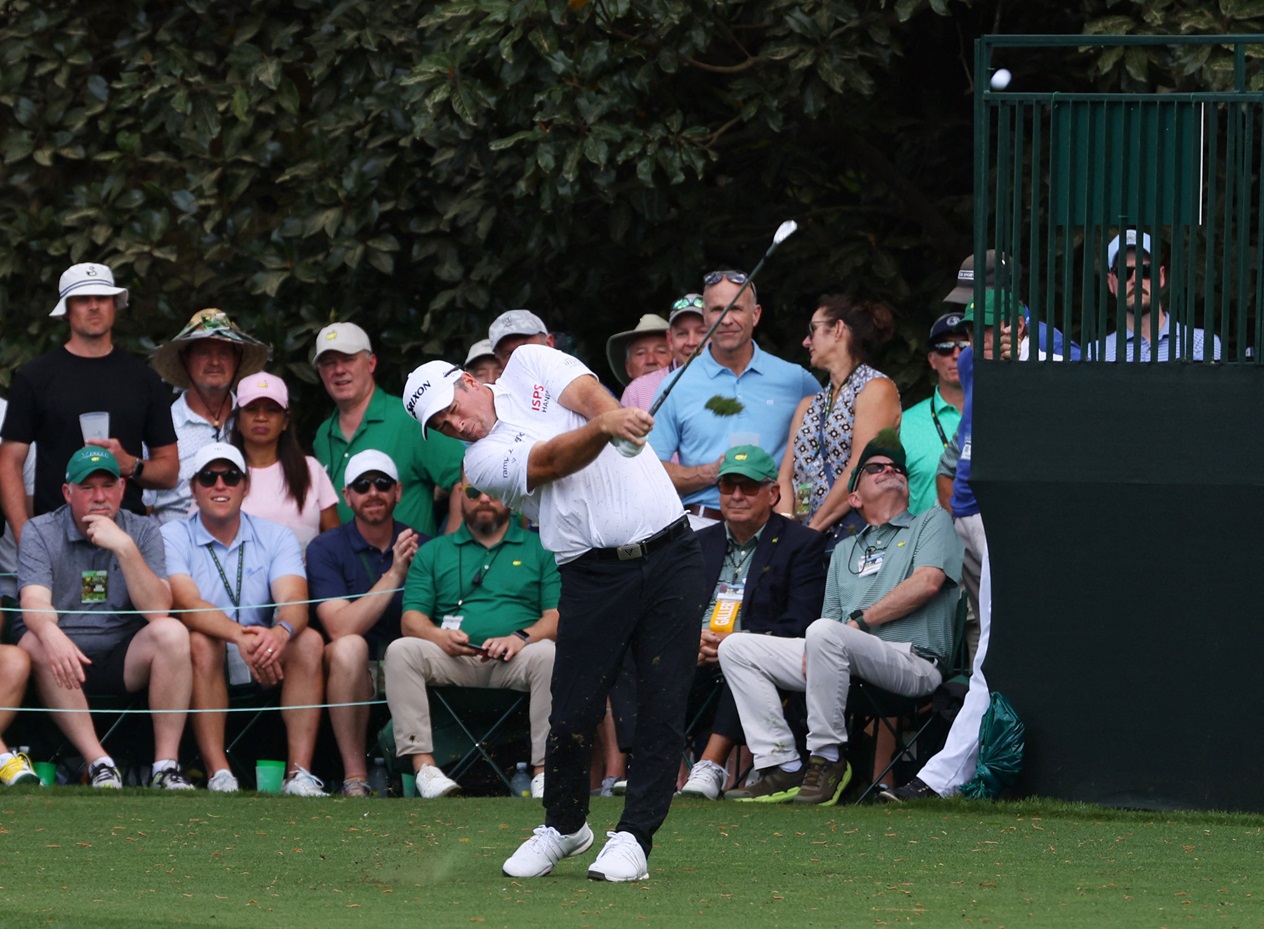 Ryan Fox hits his tee shot on the 16th hole during the first round of the Masters. Photo: Reuters