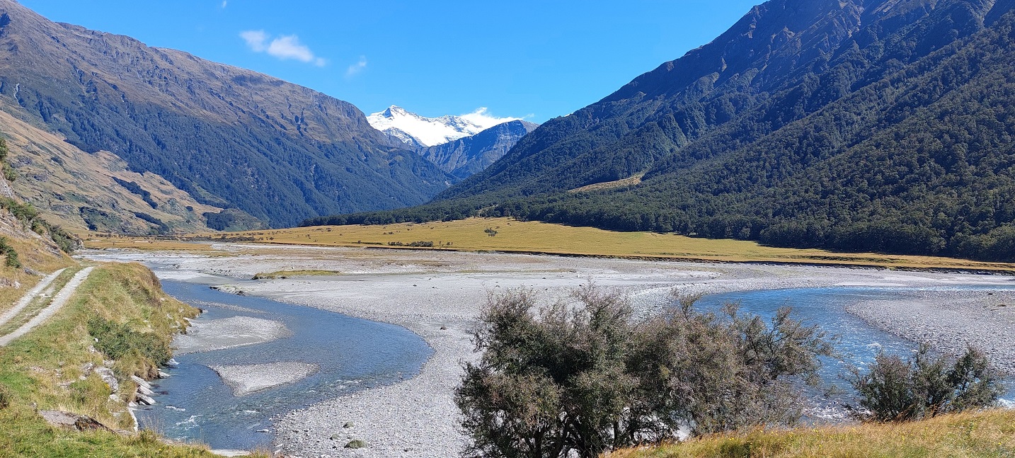 Four mountains reveal themselves as you advance up the Matukituki Valley. Photo: Clare Fraser