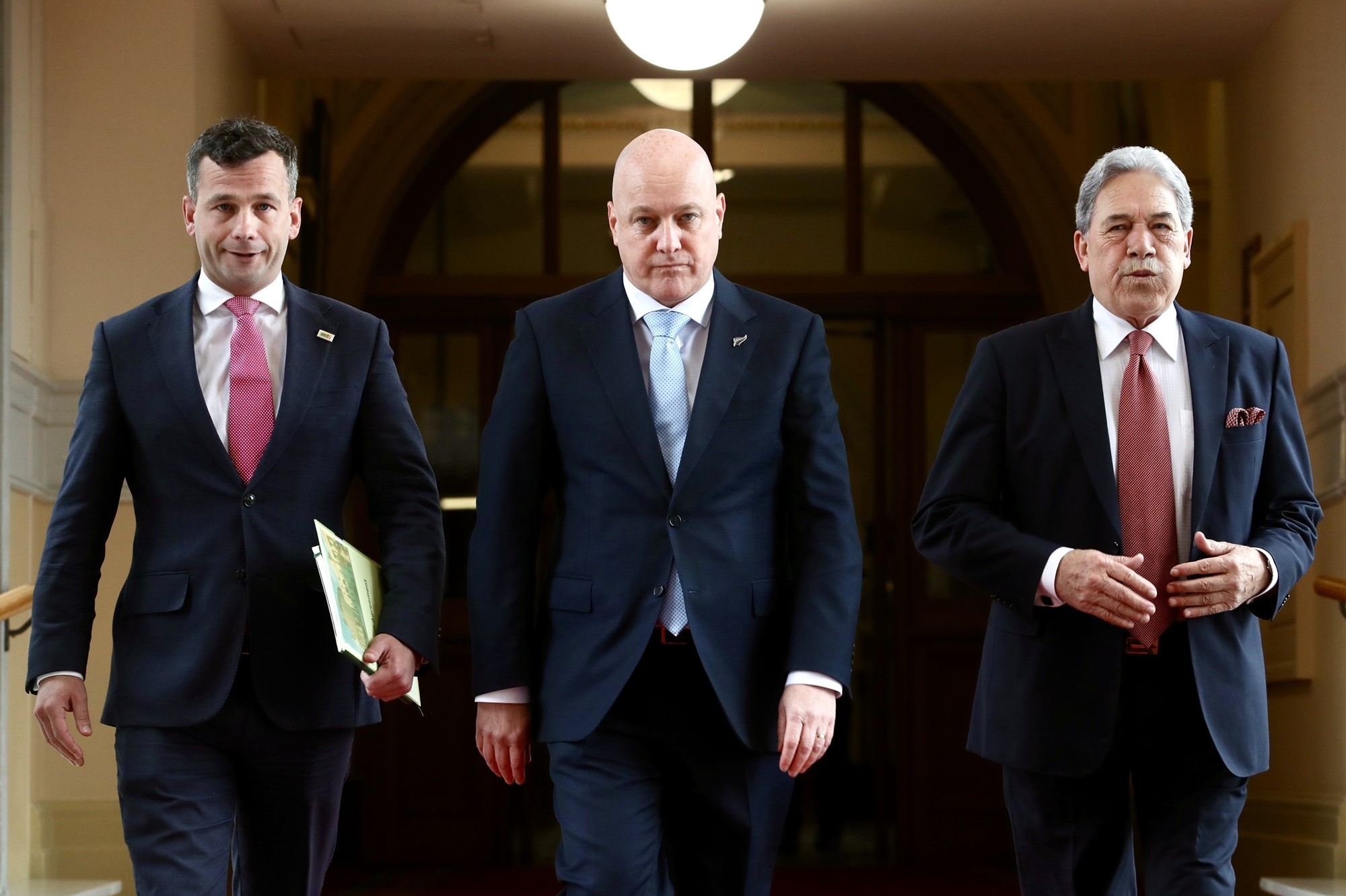 The three coalition leaders arrive for the announcement. Photo: NZ Herald