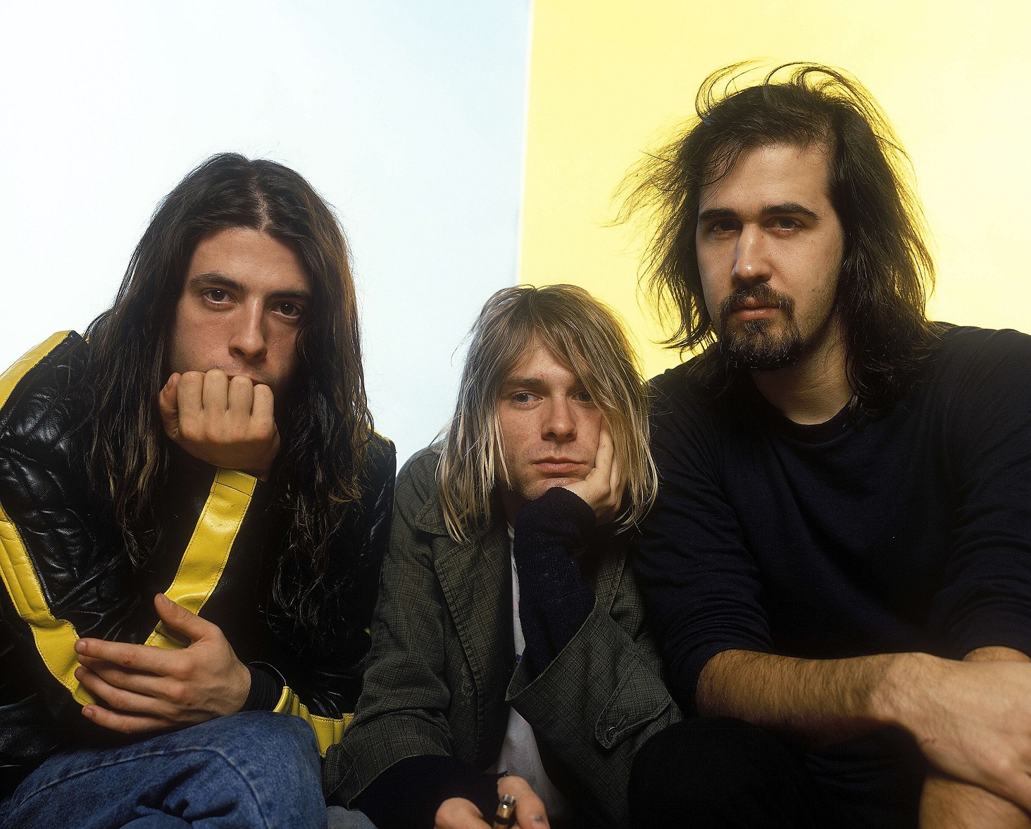 Nirvana members (from left) Dave Grohl, Kurt Cobain and Krist Novoselic in London, circa 1992....
