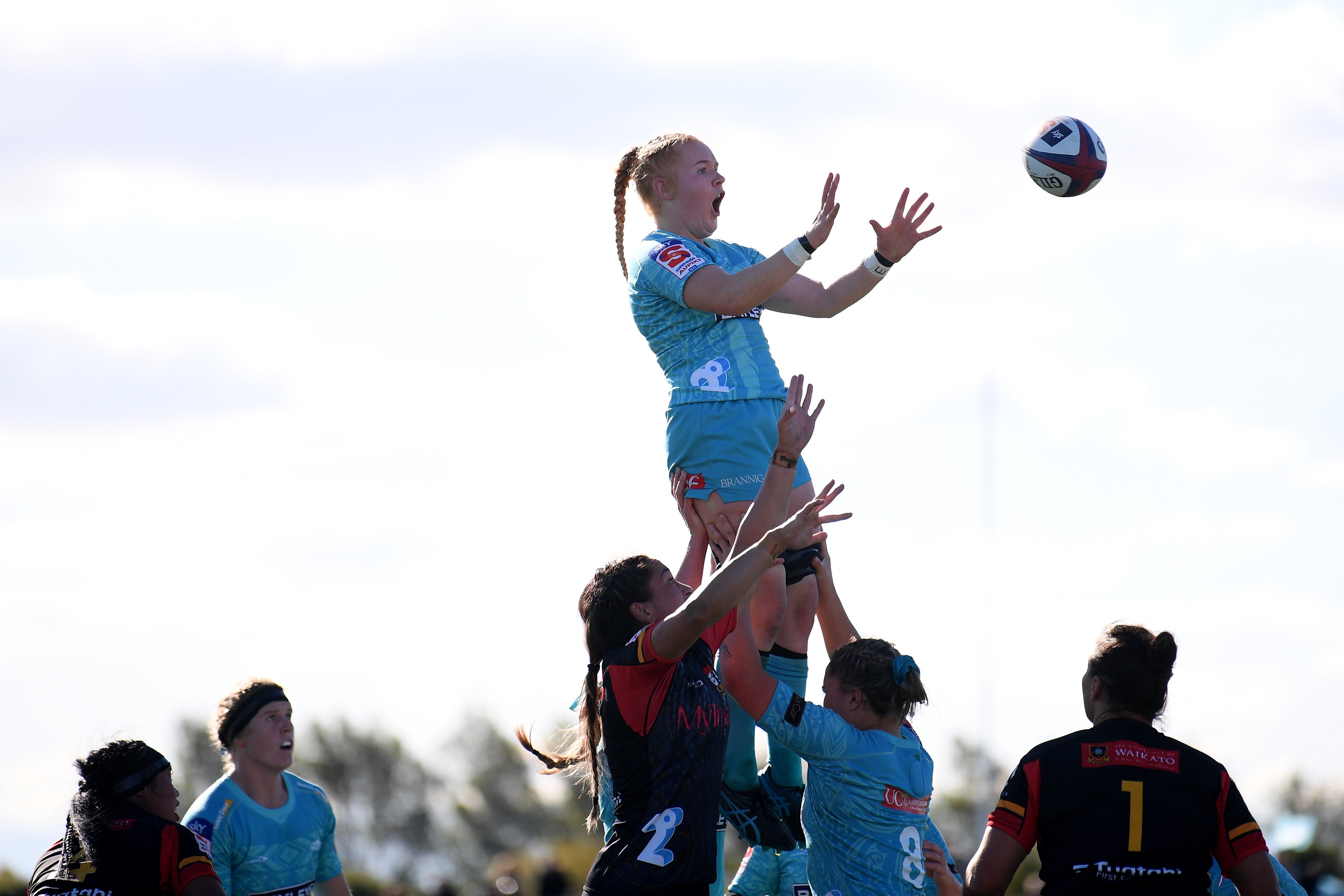 Lucy Jenkins, of Matatū, collects the ball from a lineout during her team’s round six Super Rugby...